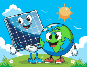 Cartoon of The earth and a solar panel holding hands