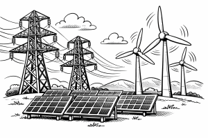 Cartoon of solar panels, wind turbines and electricity pylons