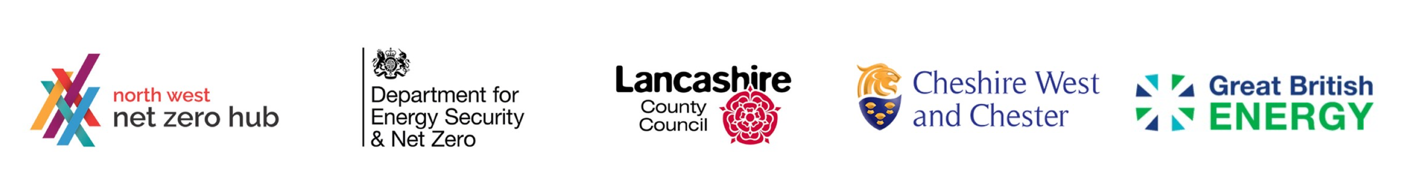 Logos for North West Net Zero Hub, Department for Energy Security, Lancashire County Council, Cheshire West and Chester and Great British Energy